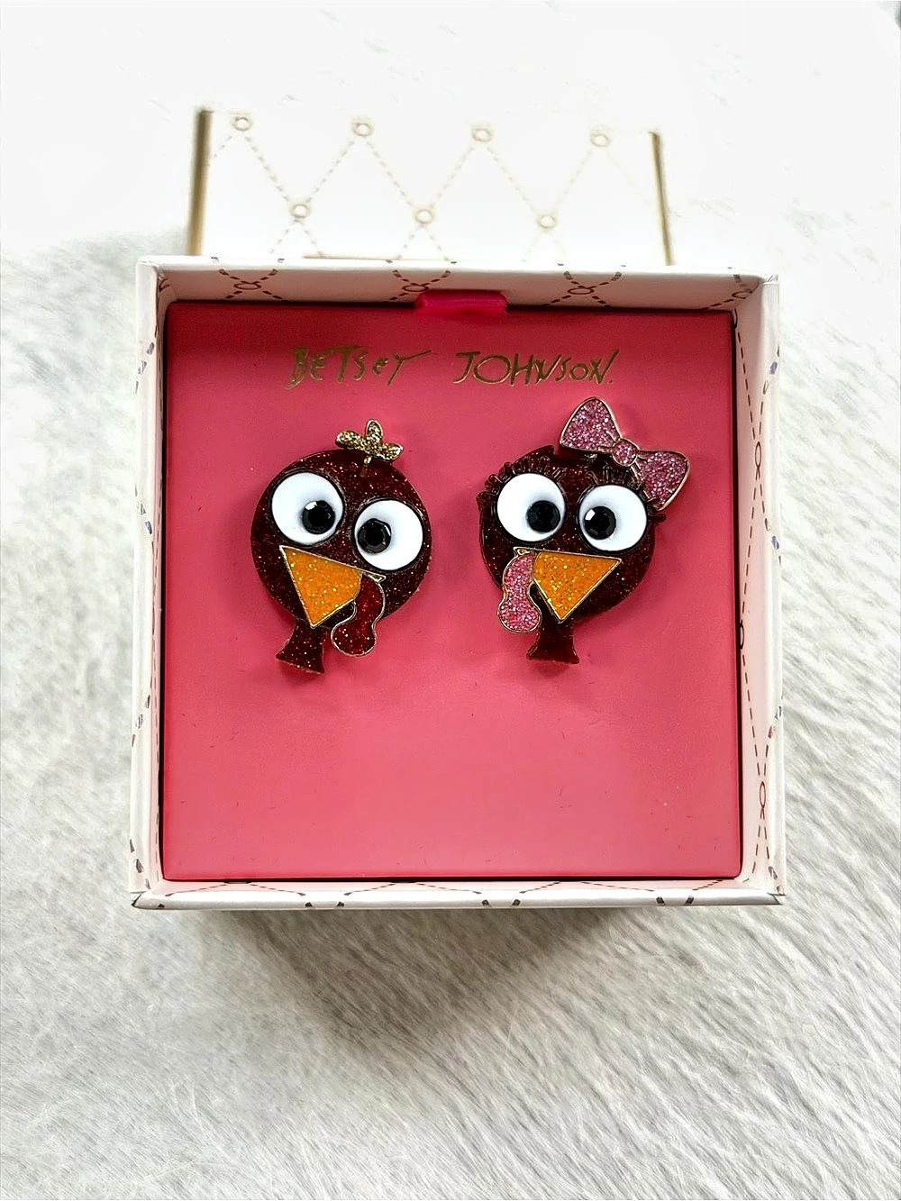 Betsey Johnson Thanksgiving Turkey Stud Earrings Mismatch Holiday Party NIB Gift